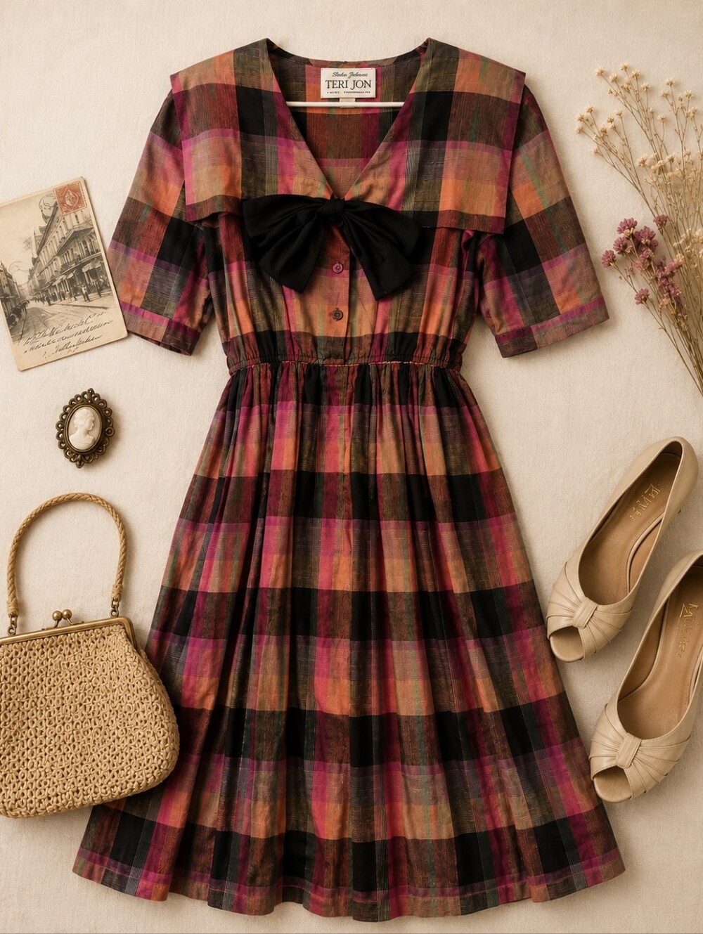 Richie Freeman For TERI JON VTG 80s  Plaid Fall Acedamia Fit & Flare Dress M-L